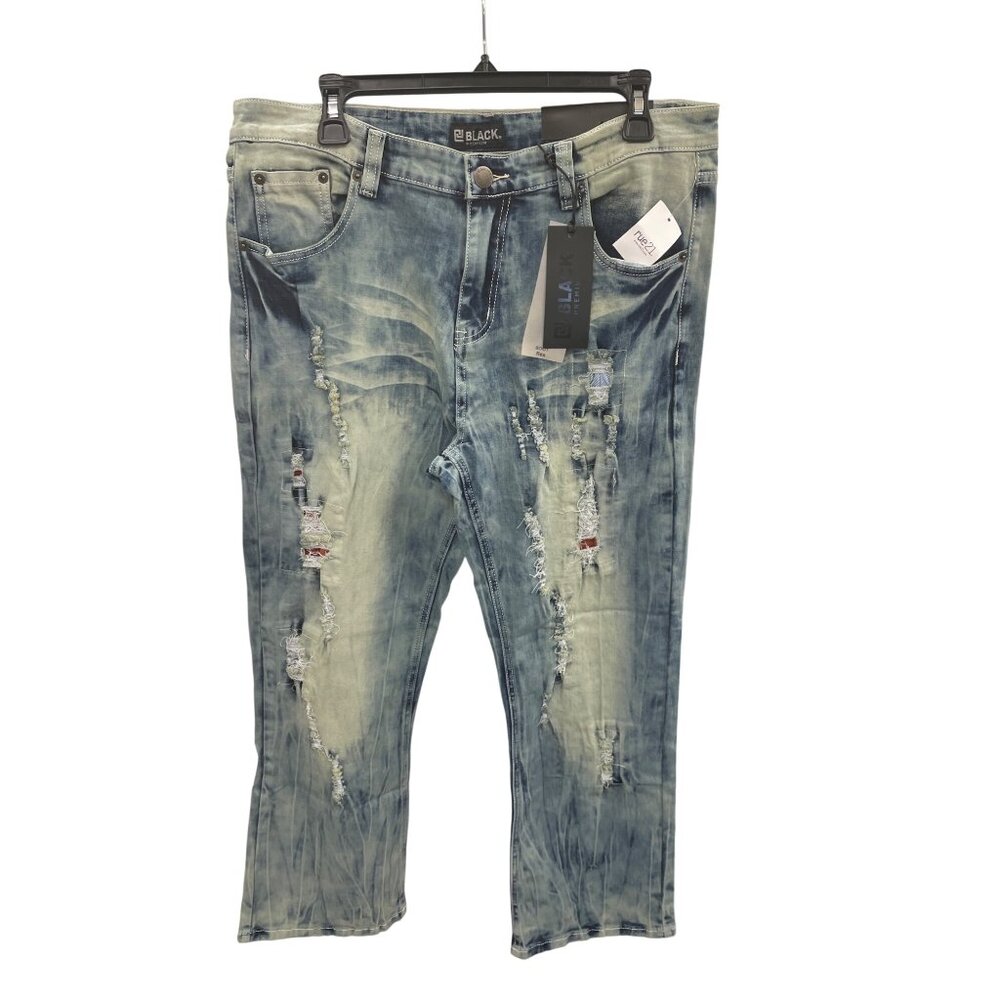 Black Premium Mens blue acid distressed Boot Cut Denim Jeans 34X30 SKU 8458